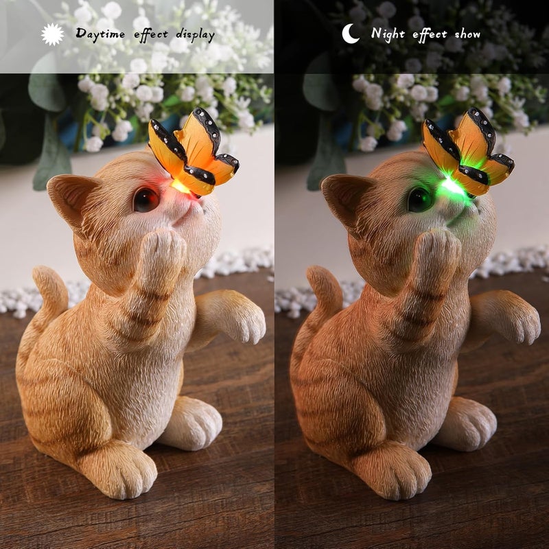 halp·ssfm Solar Garden Statue Cute Cat Figurine Fun Color Changing LED Butterfly Light Outdoor Decor Waterproof Resin Sculpture Patio Lawn Art Housewarming Gifts for Cat Lovers Women - Image 3